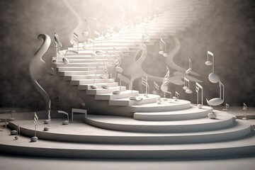 abstract background white steps staircase going up with musical signs hovering in the air.the concept of creating music and melody. Generative AI - obrazy, fototapety, plakaty