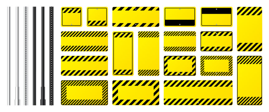 Warning, danger signs, attention banners with metal poles. Blank yellow caution sign, construction site signage. Notice signboard, warning banner, road shield. Vector illustration