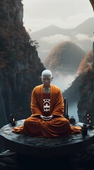 Robotic Monk Meditating Against Mountainous Background. Generative ai