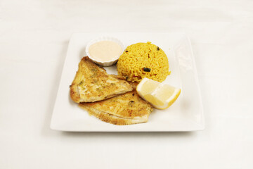 A white square plate with a recipe for fried rooster