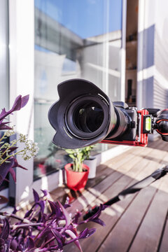 A camera mounted on a tripod with an articulated arm for shooting in different positions on a penthouse