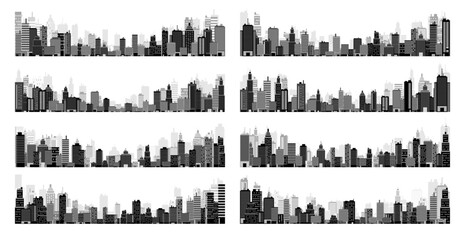 Obraz premium City silhouettes. Cityscape, town skyline, horizontal panorama. Midtown, downtown with various buildings, houses and skyscrapers. Vector illustration