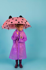 Charming little girl in a purple raincoat and Rubber boots holds a pink polka dot umbrella. A child dressed for a rainy weather. Isolated on blue background.