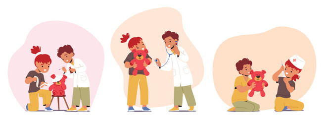 Children Characters Engage In Imaginative Play As Doctors, Pretending To Diagnose And Treat Patients With Toy Instrument