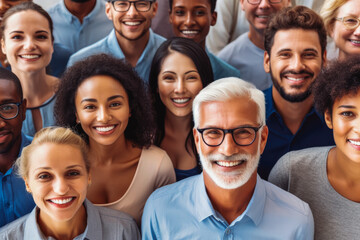 Obraz premium Multi ethnic people of different ages looking at camera. Crowd of diverse people. Generative AI
