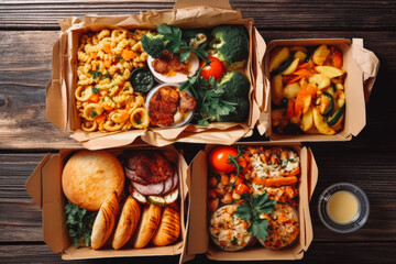 Different tasty food from delivery service on wooden background. Take away food in paper containers. Generative AI