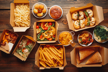 Different tasty food from delivery service on wooden background. Take away food in paper containers. Generative AI