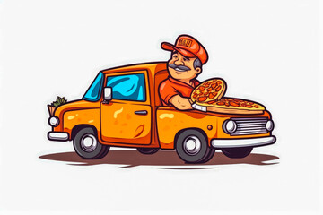 Hot pizza delivery concept on white background. Take away food and delivery service. Pizza italian cuisine. Generative AI
