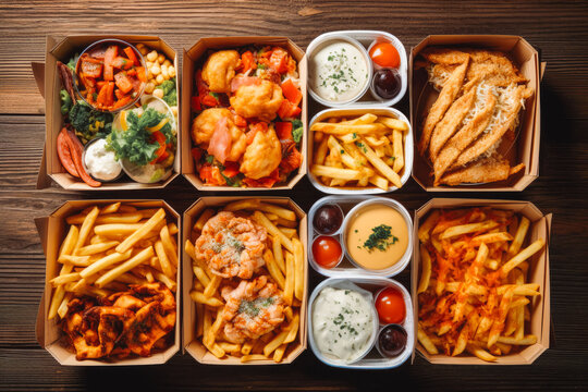 Different tasty food from delivery service on wooden background. Take away food in paper containers. Generative AI