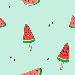 Seamless pattern with watermelon slices, watermelon ice cream and seeds, vector