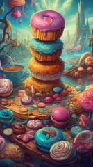 A stack of delicious donuts. Illustration of psychedelic donuts. Colorful whimsical hyperdetailed, hyperrealism, surrealism, vivid and  rich colors. Word of snacks. Generative AI
