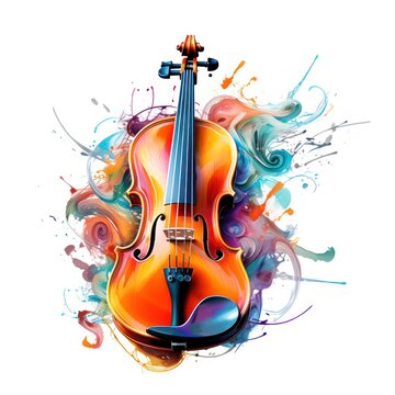 Abstract musical design with violin and colorful splashes, notes and waves on a white background. Colorful violin. watercolor style.Generative AI