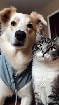 Funny dog and cat taking selfie. Home in the background. Generative AI