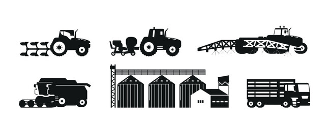 Set of Monochrome Black Icons Farm Machinery and Buildings Isolated on White Background. Tractor, Plower