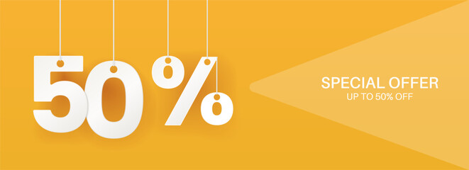 Wide yellow banner. 50 percent off banner.