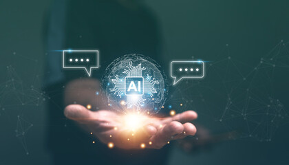 Chatbot Chat with AI, Man holding hologram of smart bot AI and chat icon, Use Artificial...