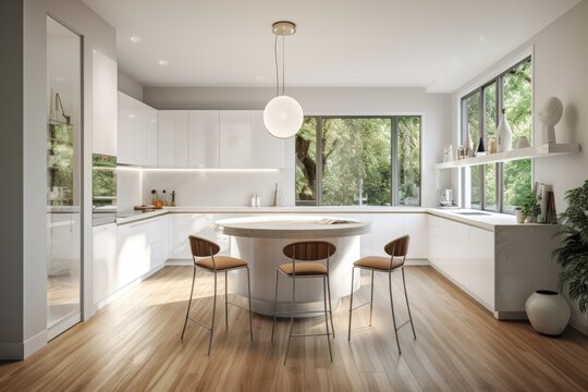 Interior of a white kitchen with a wooden floor, white cabinets and counters, big windows, and a round table with white seats around. Generative AI