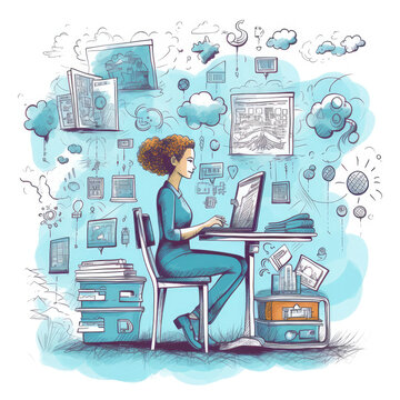 Woman using a laptop with though process floating arround
