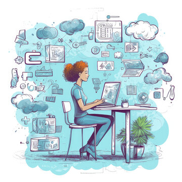 Woman using a laptop with though process floating arround