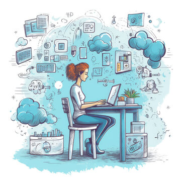 Woman using a laptop with though process floating arround