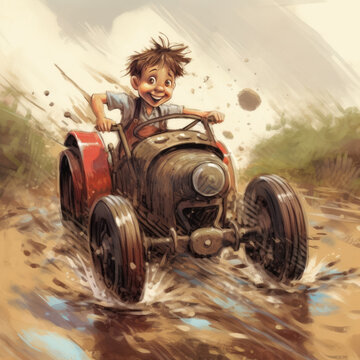 Cartoon illustration of a young boy with a play peddle car
