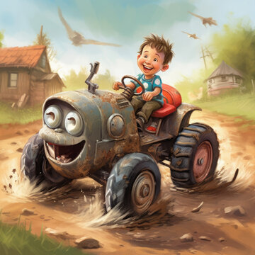 Cartoon illustration of a young boy with a play peddle car