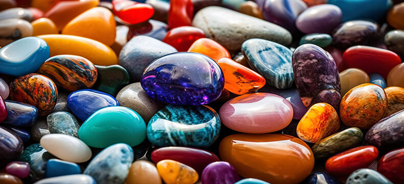 beach gemstones. А pile of semi-precious, precious stones, close up. Background, texture. Natural material for interior design, jewelry craftsmanship. 
