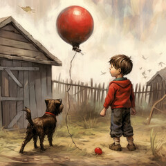 Cartoon Illustration of a young boy with a red balloon and a dog