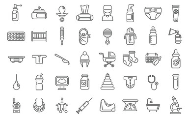 Baby health icons set outline vector. Breast milk. Pump mom