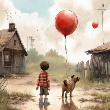 Cartoon Illustration of a young boy with a red balloon and a dog