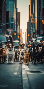 Dogs Running Through NYC Street. Generative ai