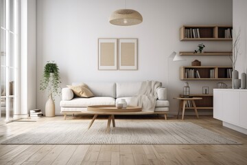 Fototapeta na wymiar Interior of a white living room with a couch, side view, and coffee table on carpet. calming nook with bookshelves and oak floors. copy space wall mockup. Generative AI