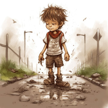Cartoon Illustration of a Boy covered in mud