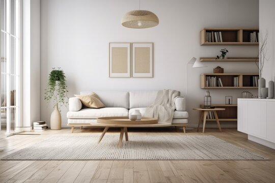 Interior of a white living room with a couch, side view, and coffee table on carpet. calming nook with bookshelves and oak floors. copy space wall mockup. Generative AI