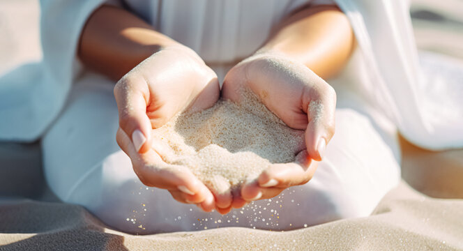 Hands releasing dropping sand. Sand flowing through the hands against blue ocean. Summer beach holiday vacation concept