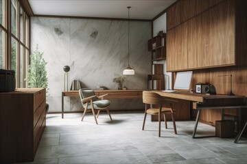 Fototapeta premium Interior Scene and Mockup, Modern study room and living area with contrasting colored wooden cabinets and white walls. Generative AI