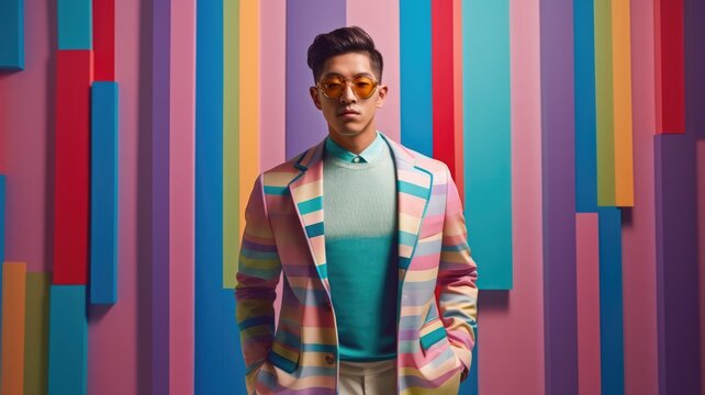 Fototapeta Young male model posing with trendy man fashion outfit and colorful pastel mood optical art abstract background. Picturesque generative AI