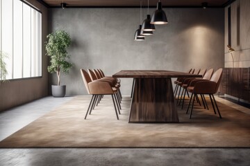 Interior of a modern meeting room with a dining table and brown leather seats on a grey carpet, beige concrete walls, and a hardwood floor. Generative AI