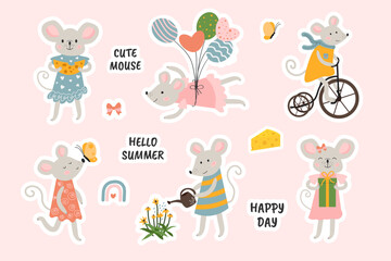 Set of stickers with cute mice. Vector Mouse. Mouse flying on balloons, watering flowers, eating cheese. Cartoon gray mouse in a beautiful dress. Isolated background. 
