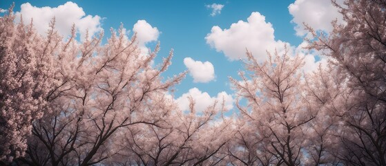 Beautiful nature in gentle shades with thick clouds. landscape photography of nature. Delicate flowering trees on a sunny day. Generative AI