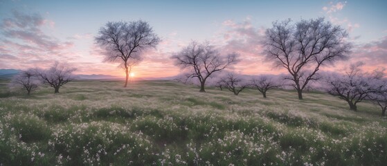 Beautiful nature in gentle sunset shades with pink clouds. Landscape photography of nature. Delicate flowering trees on a sunny day. Generative AI