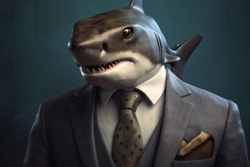 Anthropomorphic shark dressed in a suit like a businessman. Business Concept. AI generated, human enhanced
