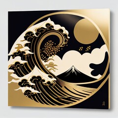 Japanese traditional Ukiyoe in gold, black and white Stylish graphic design with oshie of mountain veins Abstract, Elegant and Modern AI-generated illustration