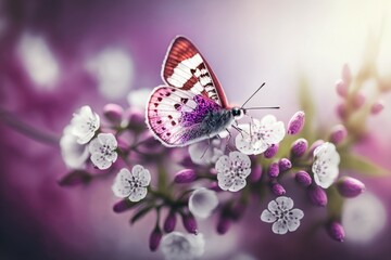 Fototapeta na wymiar Romantic natural floral background with a butterfly on flower with bokeh, close-up macro. AI generated, human enhanced