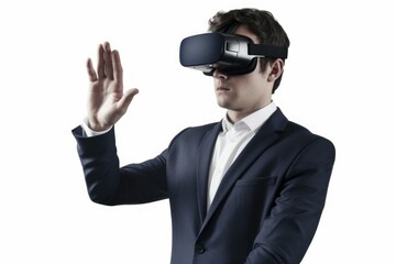 Male businessman wearing virtual reality glasses. VR concept. AI generated, human enhanced