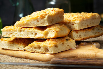 focaccia bread. Freshly baked flat  Italian bread, olive oil and herbs.