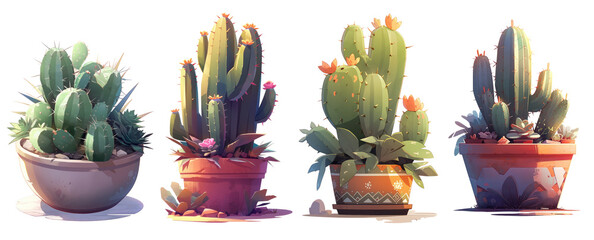 Illustrations of four potted cacti. Transparent background. Generative AI