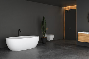 Obraz na płótnie Canvas Dark bathroom with concrete floor, white bathtub, shower, toilet and white marble basin with mirror. Minimalist wooden bathroom with modern furniture and window, 3D rendering no people