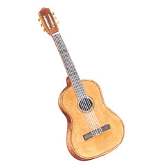 Obraz premium Classical guitar isolated on white background. Watercolor hand drawn illustration of a wooden stringed musical instrument. Clipart for postcards, stickers. Forest camping.