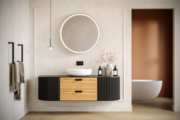 Modern bathroom interior with brown parquet floor, white and orange walls, vanity white sink, oval mirror, bathtub, interior plants, front view. Vintage bathroom with Japandi concept. 3D rendering